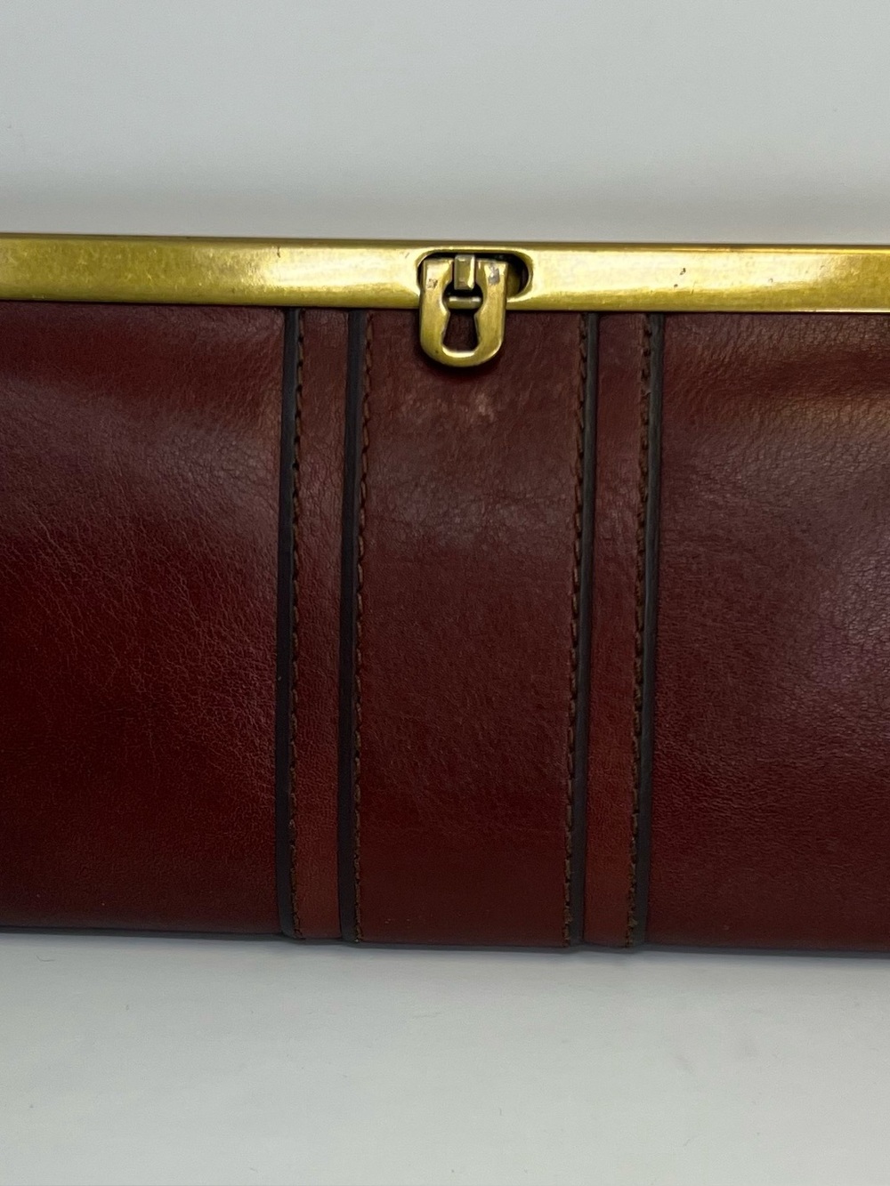 Fossil Leather Frame Clutch Wallet Brown Brass Vintage